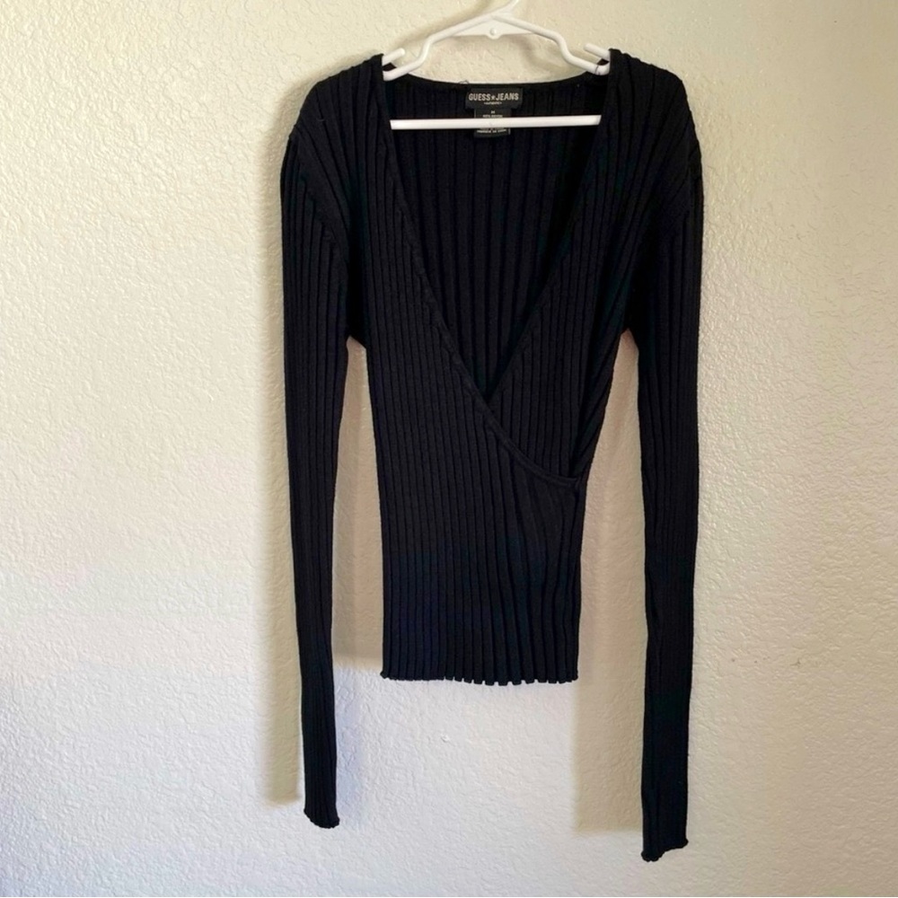 Y2K Guess Black Ribbed Long Sleeve Faux Wrap Sweater Vintage 00s V Neck Medium